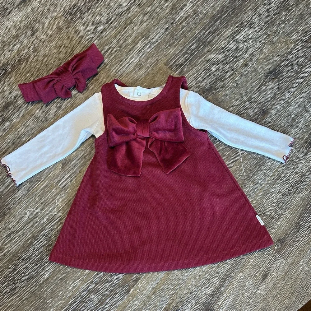 Tahari Baby 2 Pc Burgundy Velvet Bow Dress Set Headband 3-6M Holiday